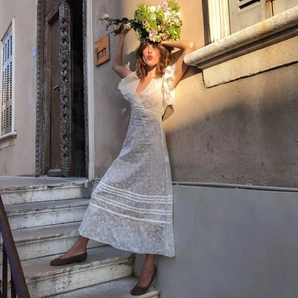 Tory Burch Susanna Daisy Print Flutter Sleeve Sheer Midi Dress Sz 8 - Picture 1 of 16